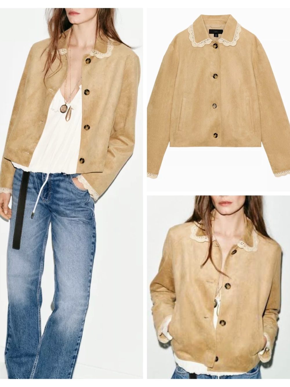 ZARA faux suede jacket with crochet details
